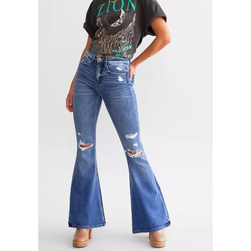 Flying Monkey High Rise Super Flare Distressed Stretch Jeans 26 Medium Wash - Picture 2 of 8